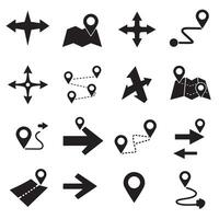 Navigation map icon silhouette bundle with pins, arrows, and location symbols vector