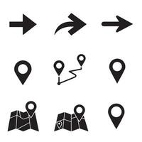 Navigation and location icon silhouette bundle with arrows, pins, and route marks vector