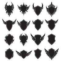 Unique shields wings element silhouette bundle featuring stylized crest outlines, decorative elements, and retro fantasy wing shapes vector