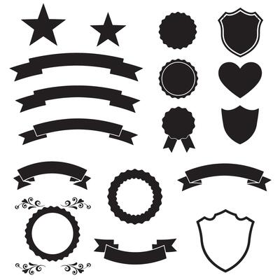Star, shield, heart shape, ribbons banner silhouette and others element set for old-fashioned tag layouts