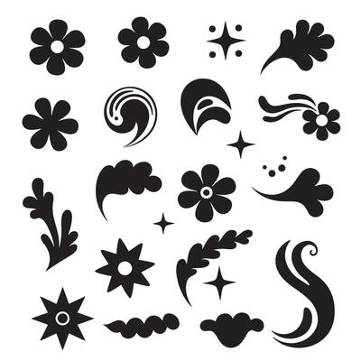 Funky flower, cartoon animal, ribbon, star, and hand shape silhouette set with groovy variation design aesthetics