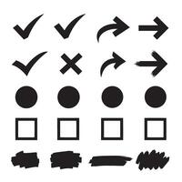 Check marks, crossed, arrows, underlines, circles, squares, brush stroke icon element silhouette bundle editable vector