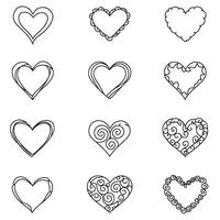 Romantic heart icon set in silhouette line art drawing style for DIY coloring pages and print-ready designs vector