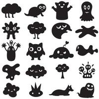 Groovy funky element tree, animal cartoon, flower and other element silhouette bundle with textured tree forms vector