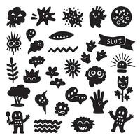 Groovy funky element tree, animal cartoon, flower and other element silhouette bundle with fun retro graphics vector