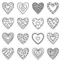 Silhouette heart icons in hand-sketched line art style for unique coloring pages and decorative design layouts vector