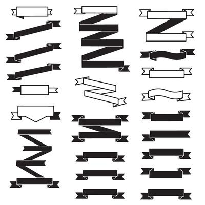 Vintage outline art ribbon banner set bundle silhouette variation design with scroll, tag, and label icons