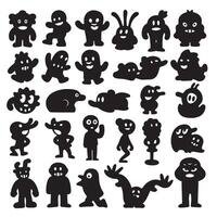 Groovy Funky element set bundle silhouette with colorful starbursts, swirl lines, floral icons, and expressive hand signs vector