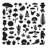 Groovy funky element tree, animal cartoon, flower and other element silhouette bundle with dynamic art symbols vector