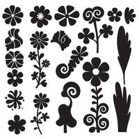 Fun groovy variation elements in silhouette bundle featuring hand icons, stars, cartoon animals, ribbons, and flowers vector