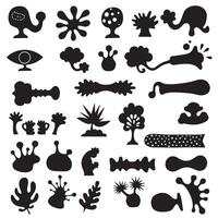 Groovy funky element tree, animal cartoon, flower and other element silhouette bundle with textured outlines vector