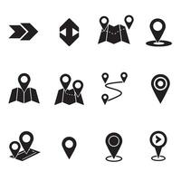 Navigation arrows, pins, and route icon silhouette bundle for digital map design vector