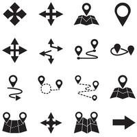 Location and route icon silhouette bundle with navigation arrows and pin symbols vector