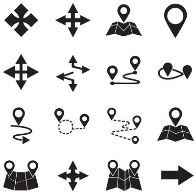 Location and route icon silhouette bundle with navigation arrows and pin symbols