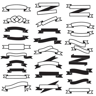 Vintage outline art ribbon banner set bundle silhouette variation design for retro label and emblem layouts