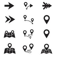 Navigation icons arrows, location markers, route path, and pins silhouette set vector