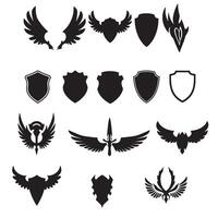 Unique shields wings element silhouette bundle including royal crest badges, vintage line art emblems, and bold winged elements vector