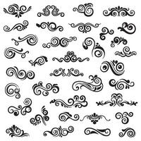 Flourish swirl and spiral silhouette set for classic tattoo art, decorative elements, and scrollwork borders vector