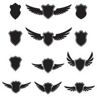 Unique shields wings element silhouette bundle with vintage logo symbols, badge outlines, retro armor elements, and strong defense icons vector