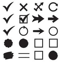 Check marks, crossed, arrows, underlines, circles, squares, brush stroke icon element silhouette bundle clean vector