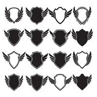 Unique shields wings element silhouette bundle with bold outline emblems, classic medieval protection icons, and feather wing art vector