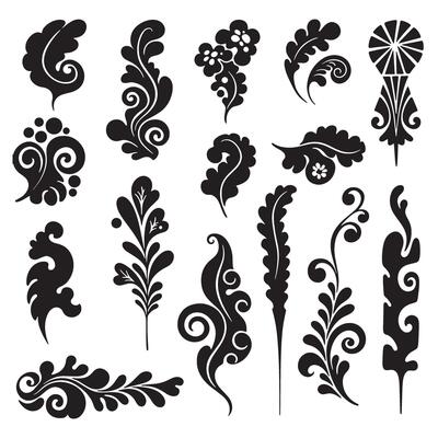 Funky retro groovy silhouette bundle featuring variation flower shapes, ribbons, cartoon animals, stars, and hands for posters