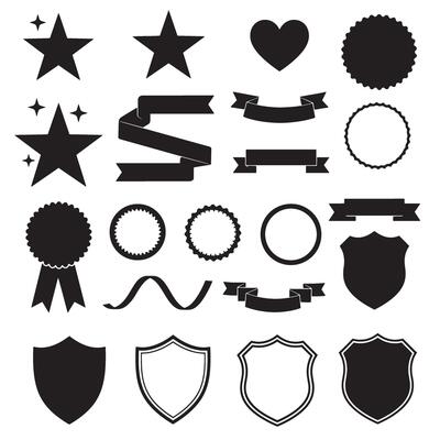 Star, shield, heart shape, ribbons banner and others element set silhouette bundle for scroll tag and layout art