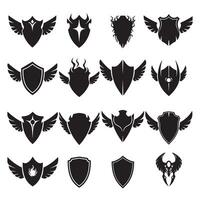 Unique shields wings element silhouette bundle with vintage armor symbols, royal heraldic crest icons, and abstract decoration set vector