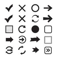 Check marks, crossed, arrows, underlines, circles, squares, brush stroke icon element silhouette bundle for UI vector
