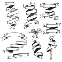 Vintage outline art ribbon banner set bundle silhouette variation design with old scroll and curled borders vector