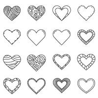 Hand-drawn heart shape icons in silhouette and line art style for romantic coloring page and variation themes vector