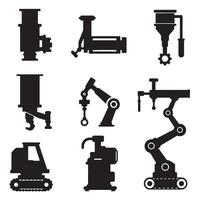 Industrial factory machinery icon silhouette bundle for production, tools, gears, and schematic use vector
