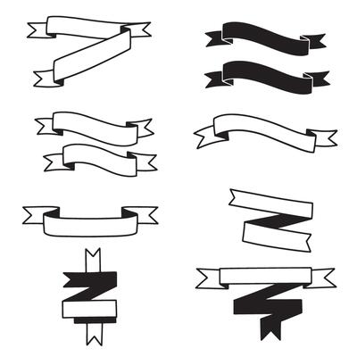 Vintage outline art ribbon banner set bundle silhouette variation design including swirl, fold, and tag styles