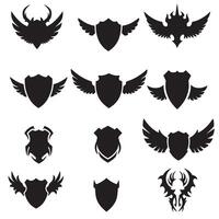 Unique shields wings element silhouette bundle with classic knight armor shapes, defense icons, and fantasy logo design features vector