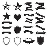 Star, shield, heart shape, ribbons banner and others silhouette design set for scroll frames and logo badges vector