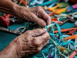Close-up of aged hands skillfully working with colorful threads and tools on a vibrant table surface. photo