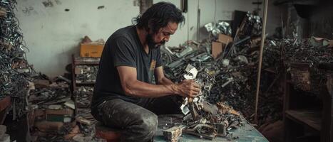 A craftsman meticulously works on a project amidst a cluttered workshop filled with materials. photo