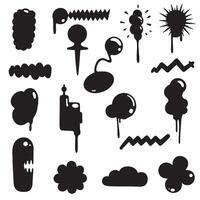 Groovy Funky element set bundle silhouette including retro style icons, motion lines, stars, hearts, and flower graphics vector