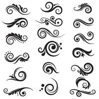 Silhouette swirl and spiral design set featuring elegant curls, vintage dividers, and flourish elements vector