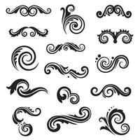 Swirl and spiral decorative silhouette elements for corner frame layouts, scroll borders, and tattoo icons vector