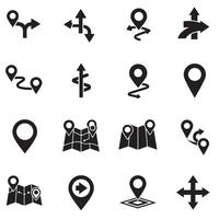 Map navigation icon silhouette bundle with pins, arrows, and direction tools vector