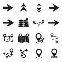 GPS navigation arrows, pins, and location icon silhouette bundle for travel graphics vector