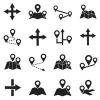 Travel map navigation arrows and location icon silhouette bundle for layout vector