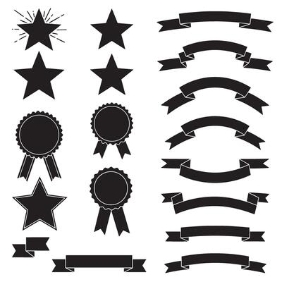 Folded scroll star ribbons banner element set silhouette with label ribbons for signage, frame, and decor