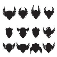 Unique shields wings element silhouette bundle with heraldic winged badge icons, abstract decoration, and noble defense graphic set vector