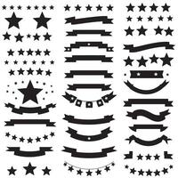 Star ribbons banner element set silhouette featuring vintage scrolls and outline style tags for design work vector