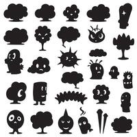 Groovy funky element tree, animal cartoon, flower and other element silhouette bundle with decorative border shapes vector
