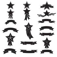 Curved star ribbons banner element set silhouette with scrollwork and folded ribbon shapes for identity use vector