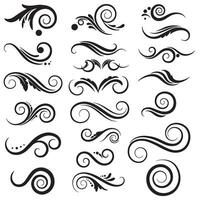 Swirl and spiral silhouette set for scroll design, decorative tattoo symbols, and corner frame embellishment vector