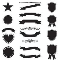 Badge frame set with star, shield, heart shape, ribbons banner and scroll silhouette for labels and tags vector